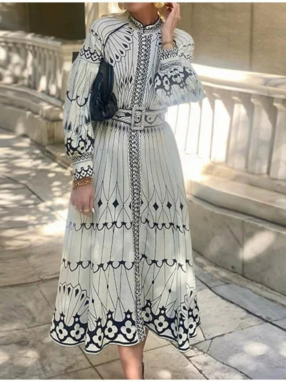 Elegant Palace Style Long Sleeve Floral Print Flared Spring Dress for Women - Picture 2 of 6